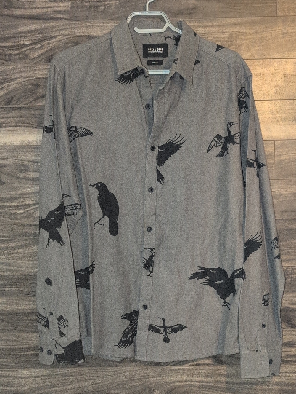 ONLY & SONS Slim Fit Bird Print Button Down Shirt Grey Crow Raven Men's Large